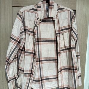 Old Navy Cream Plaid Shacket with Brown & Rust Stripes